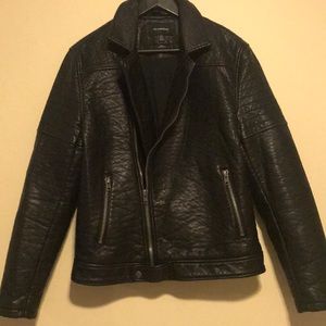 Black Textured Faux Leather Biker Jacket
